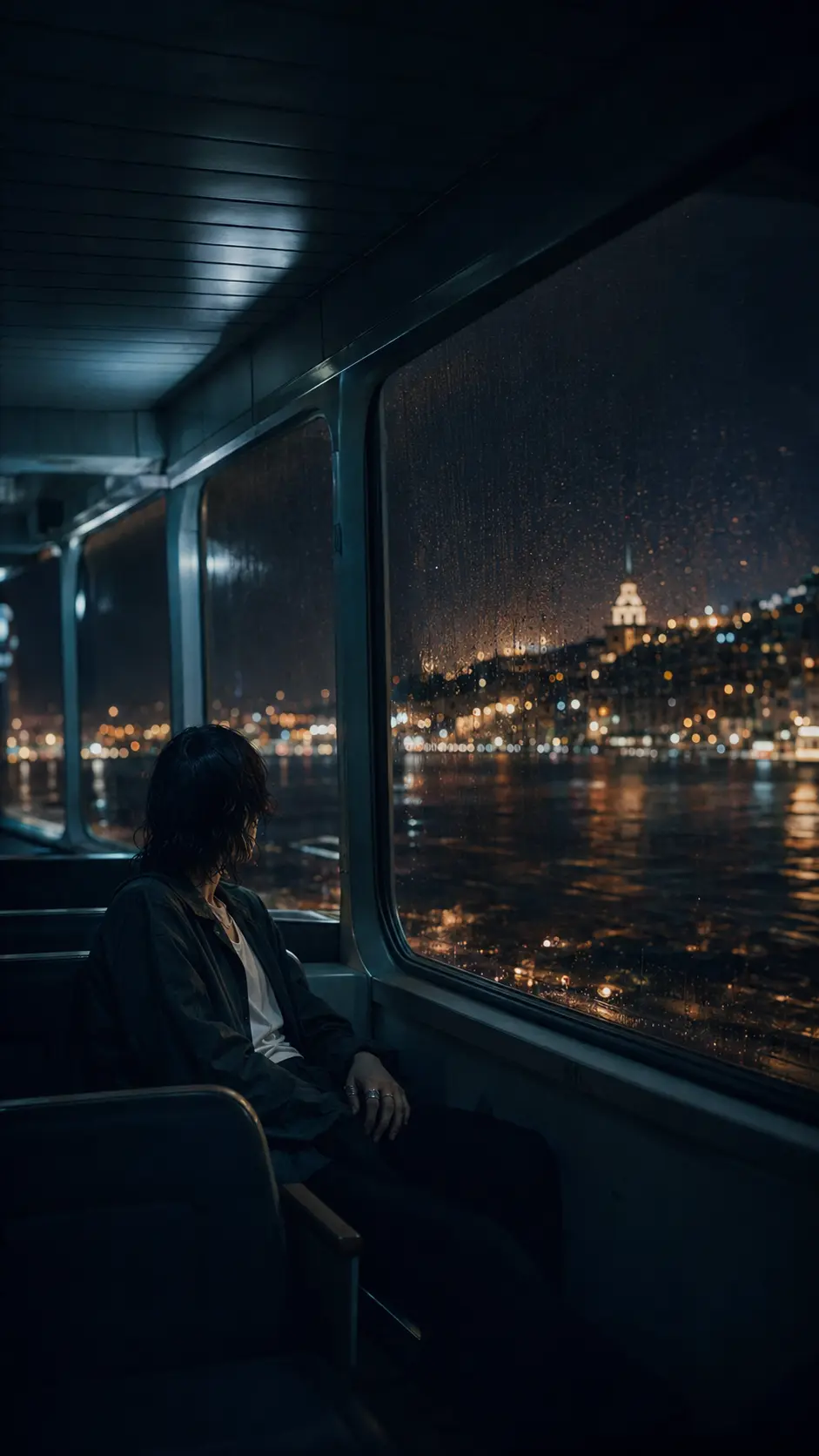 Yağmurlu bir gecede İstanbul vapurunda yalnız yolcu